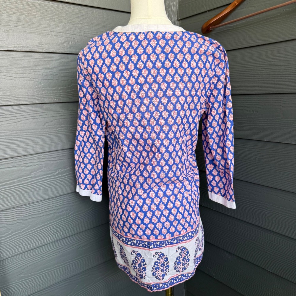 J.Crew Cotton Printed Tunic Top Blue Pink Paisley Boho 3/4 Sleeve Medium - Picture 2 of 9